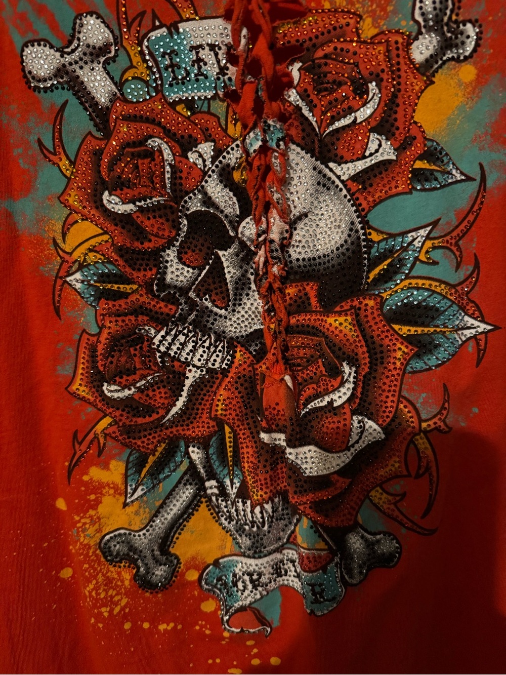 Affliction Orange Red Skull & Rose Graphic Top